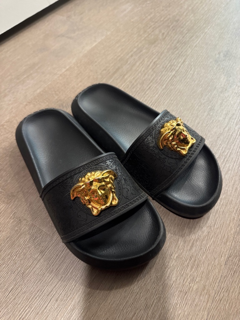 Versace Black Slide Sandals with Gold Medusa Accent